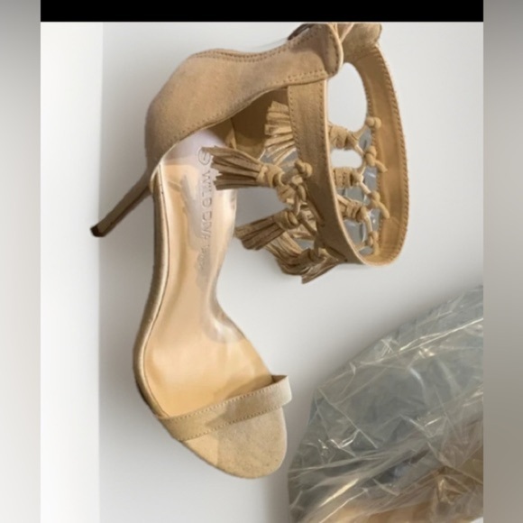 Tan tassel heels Nwt open toe fringe boho fall party boho classic - Picture 1 of 4